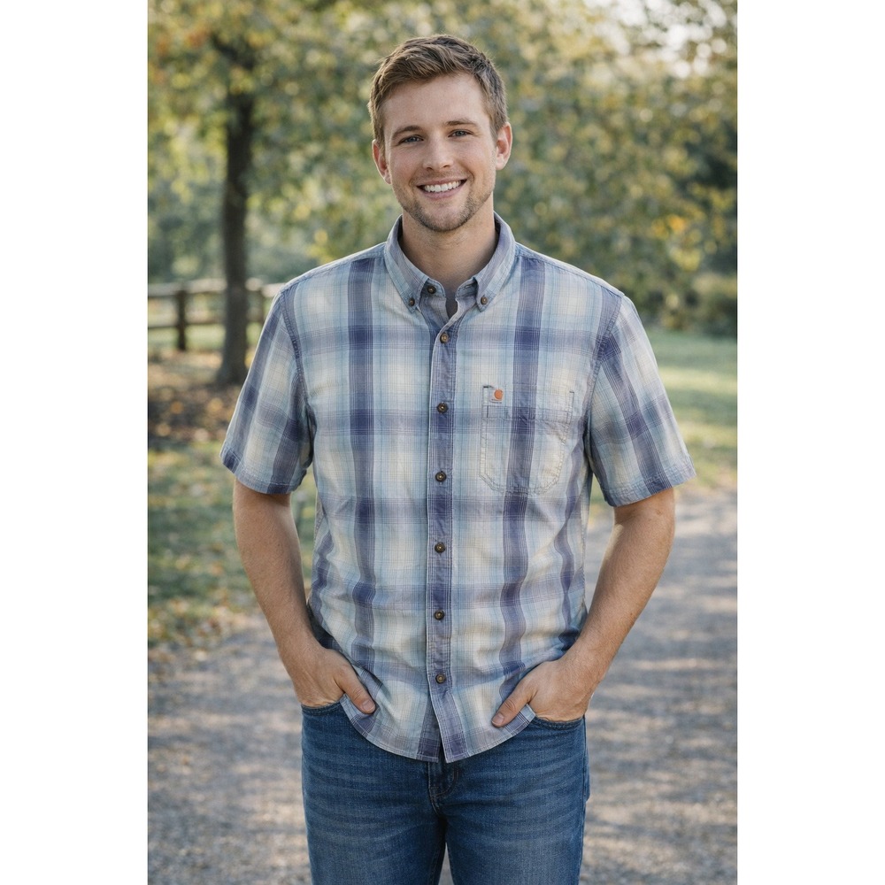 Carhartt Button Down Shirt‎ Mens XL Blue Plaid Relaxed Fit S/S Workwear Utility